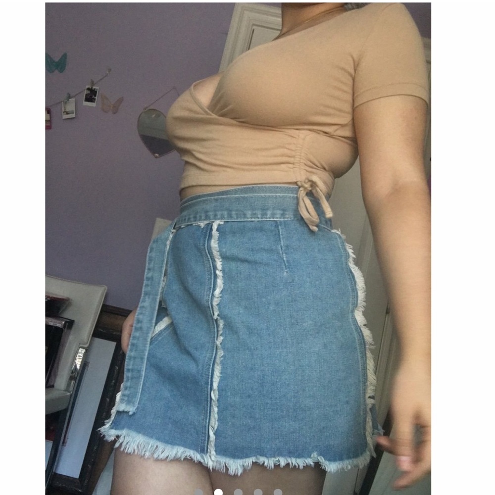 Denim Skirt, Distressed Design, Belt Wrap, Size:S